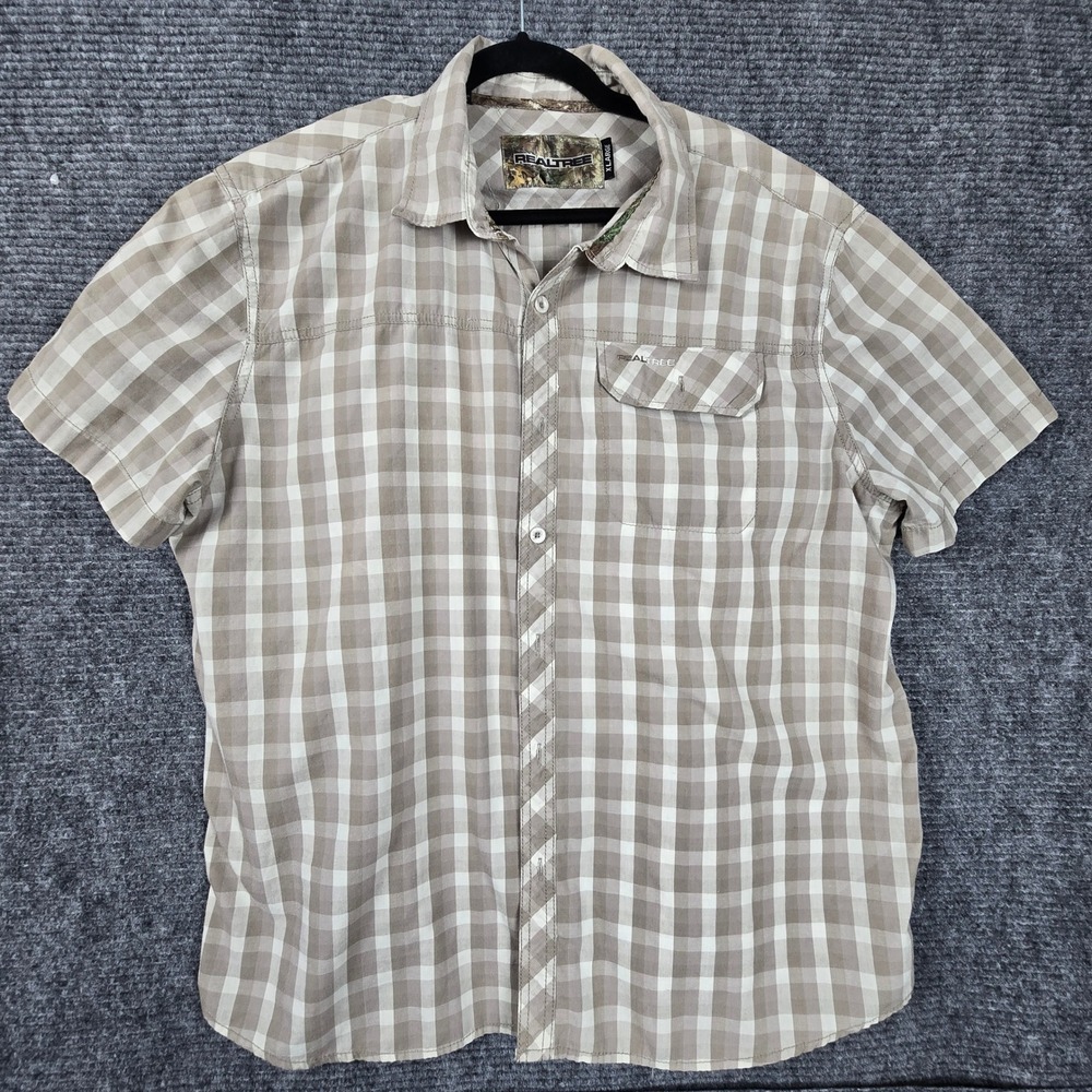Realtree Mens XL Short Sleeve Button Down Shirt Tan Gingham Plaid Camo Trim